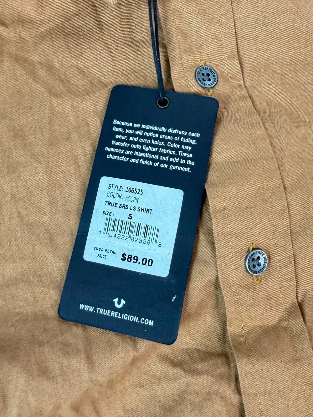 True Religion Men's Button-Down Shirt in Caramel Brown with Navy Logo